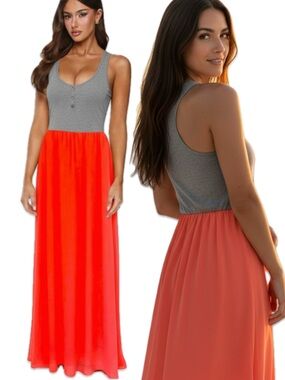 Lovely Day Grey & Orange Racerback Maxi Dress 🔥 - Summer Ready - Size Small
